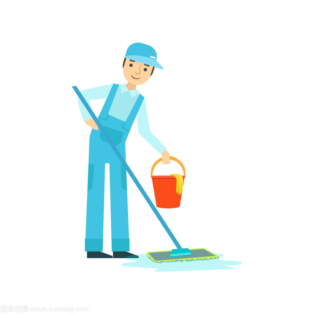 拖把和水桶洗地板、 清洗服务专业清洁剂均匀在家庭中的男人